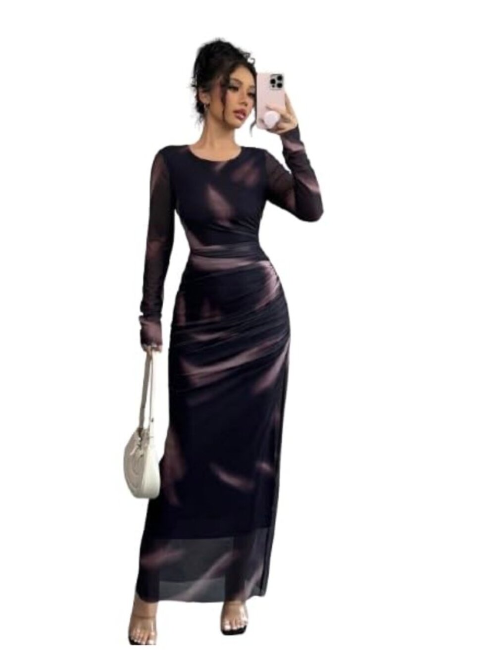 WDIRARA Womens Maxi Dress Elegant Mesh Tie Dye Ruched Bodycon Cocktail